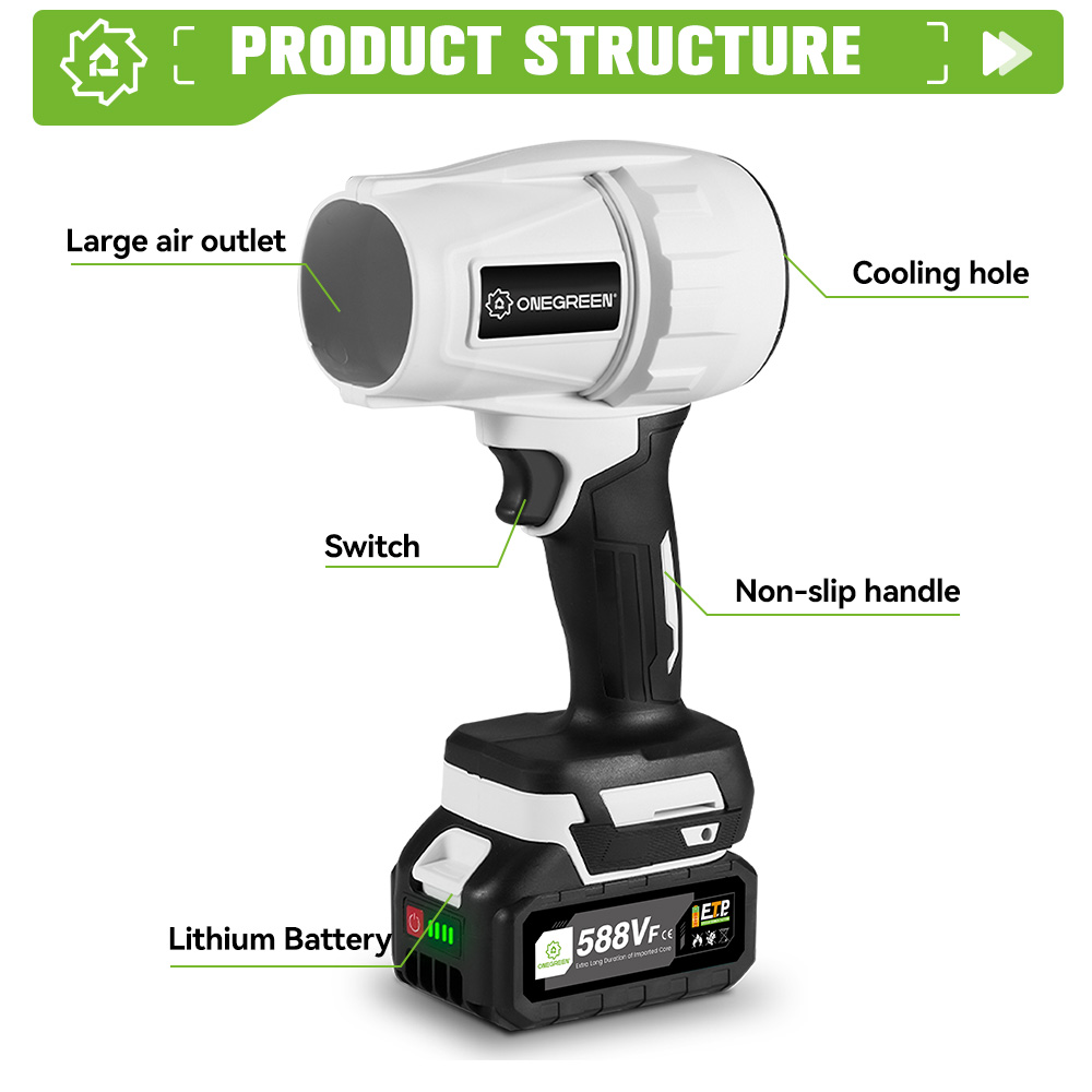 ONEGREEN 2000 W bürstenloser elektrischer Turbogebläse, Strahlventilator, 200 m/s, Handluftgebläse, heftiges Blaswerkzeug für Makita 18 V-Batterie