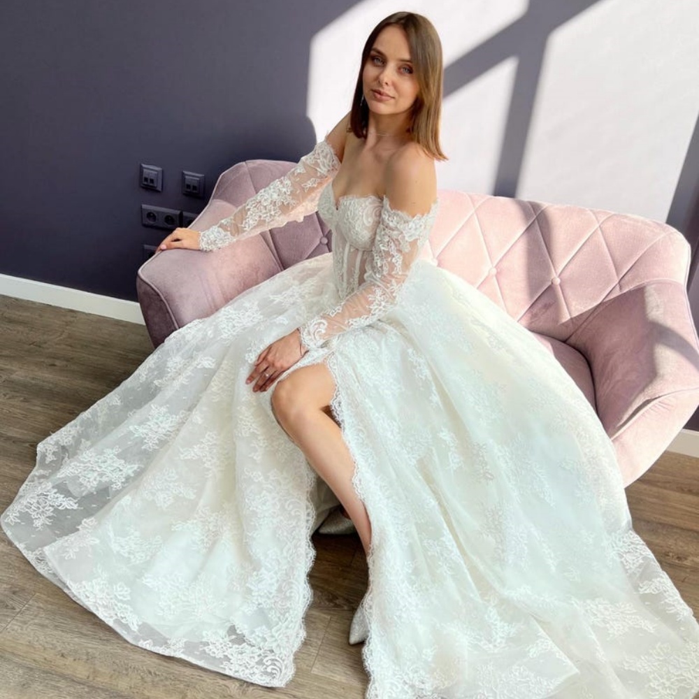 Cathy White Flowers Embroidery Lace Wedding Dresses Long Sleeves Strapless vestidos de noche Side Slit Customized Formal Evening