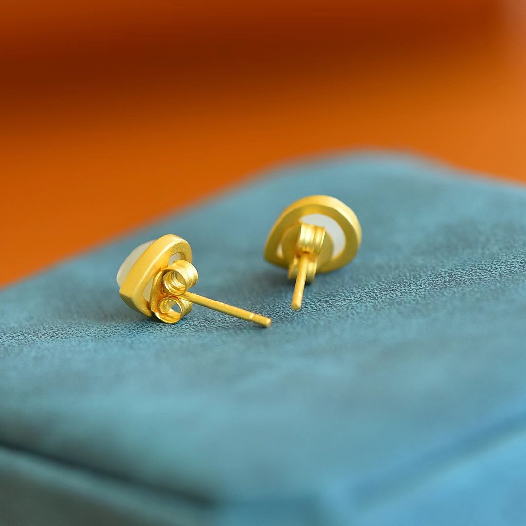 S925เงินธรรมชาติ Hetian หยกต่างหูเม็ดกลมแฟชั่นผู้หญิงต่างหูแบบห่วงเครื่องประดับของขวัญปาร์ตี้สังคมอัญมณี