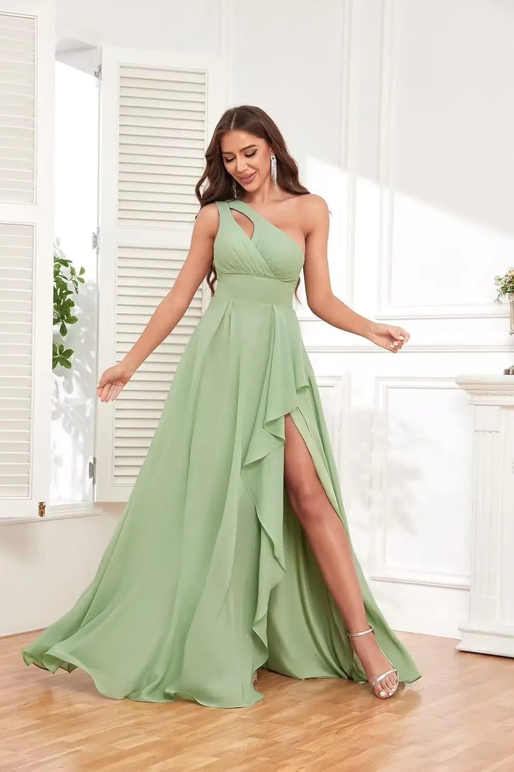 Custom Made Simple One Shoulder Chiffon Bridesmaid Dresses with Slit for Wedding Ruffle Prom Formal Dress Evening Dresses