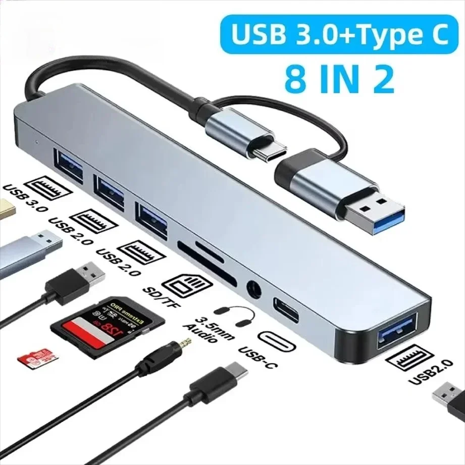 Adaptador USB 3,0 tipo C, estación de acoplamiento, puerto USB 2,0, lector de tarjetas SD TF, salida de Audio, divisor multihub para ordenador Macbook Pro