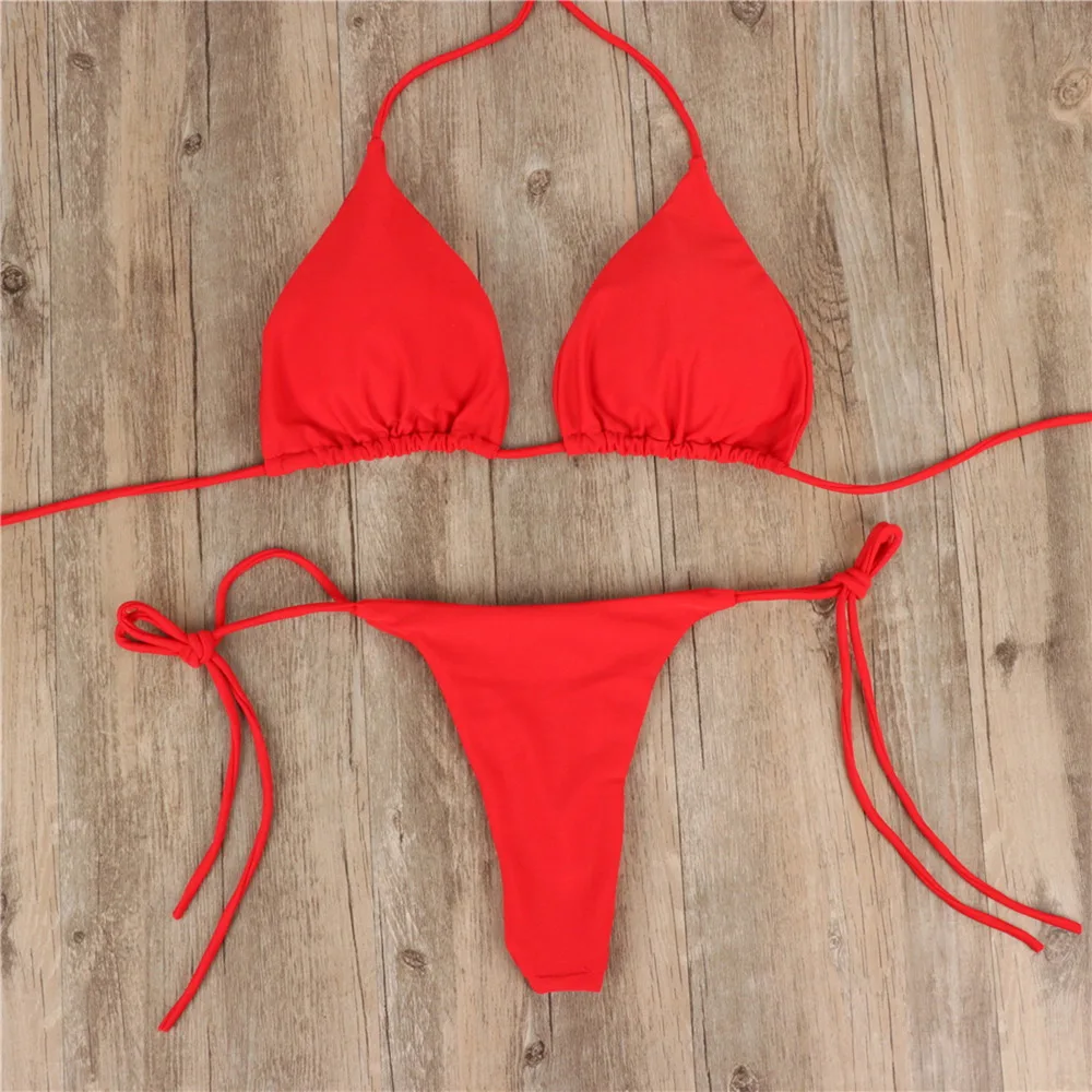 Été Sexy string Bikini ensemble côté licou cravate maillot de bain dames sangle fendue réglable pansement Style maillots de bain femmes Bikini ensemble