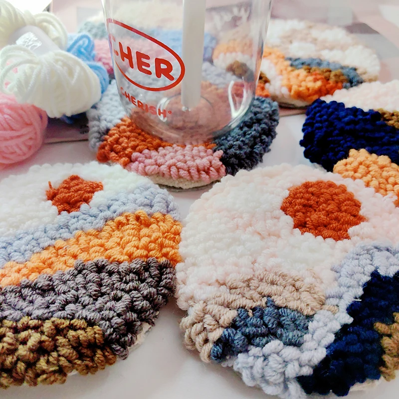 Punch Needle Embroidery Kit DIY Stitching Coasters Needlecraft Pattern Tufted Rug Pads With Felt Yarns For Beginners