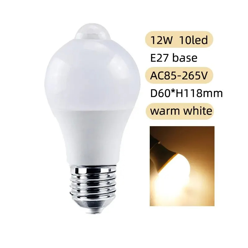 Sensore di movimento PIR lampadina a LED 85-265V 12W lampadina intelligente attivata dal movimento ON/OFF lampada per luci domestiche con sensore di movimento