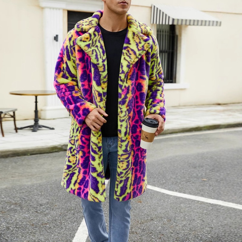 Chaqueta de piel sintética para hombre Abrigo de felpa cálido de otoño e invierno Abrigo contrastante con estampado de leopardo