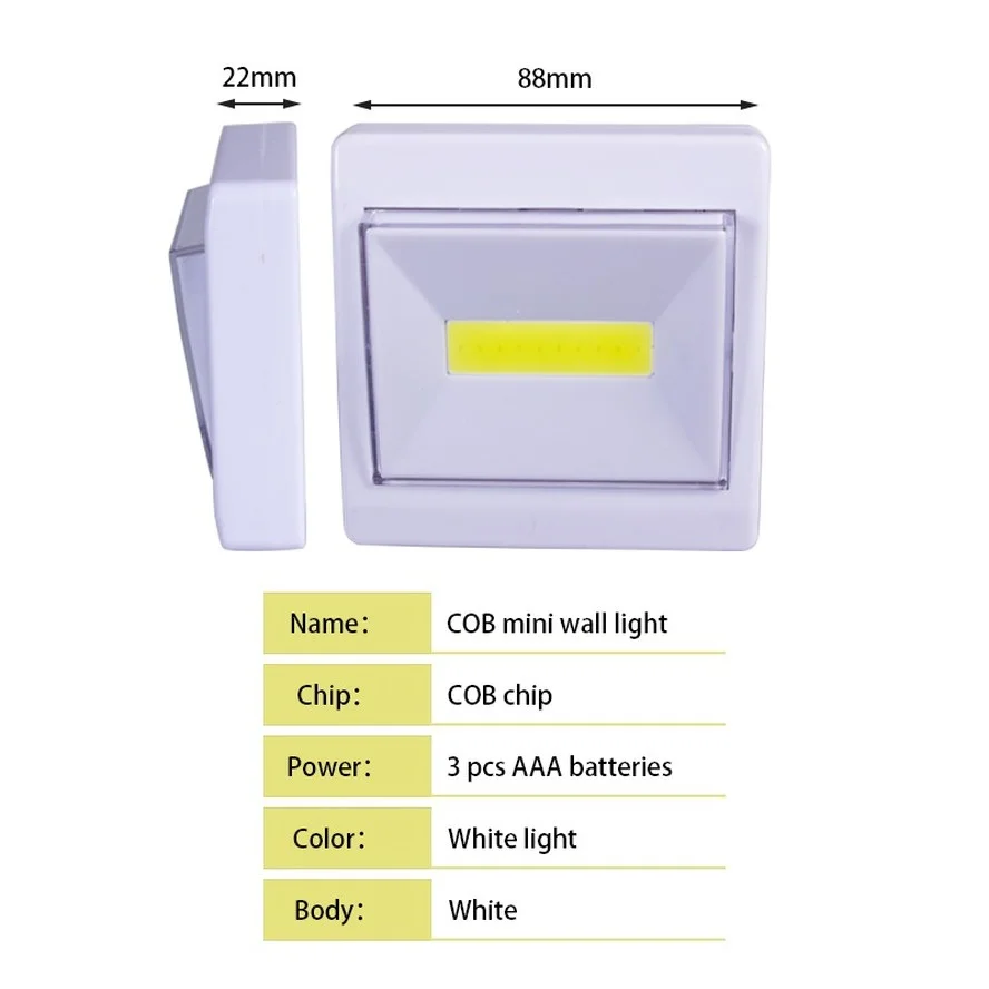 Luz LED nocturna superbrillante, luces LED COB de 3W para armario, lámpara con interruptor operada por batería para camino, escaleras, armario, iluminación