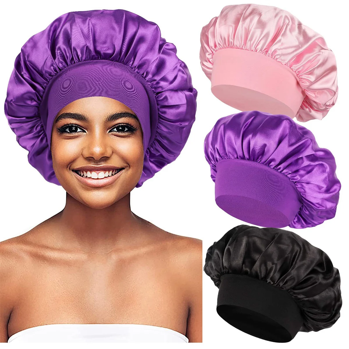 Cappello per capelli asciutti da donna con fascia alta elastica a tesa larga, cappello per la cura dei capelli di bellezza, berretto da notte in raso