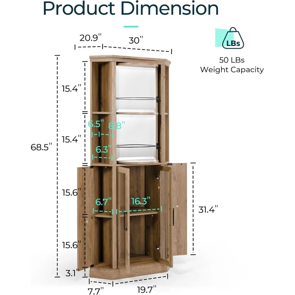 Corner Bar Cabinet, 68.5" Tall Farmhouse Wine Cabinet with Rotating Liquor Shelves, Home Bar Cabinet with Barn Door &Adjustable