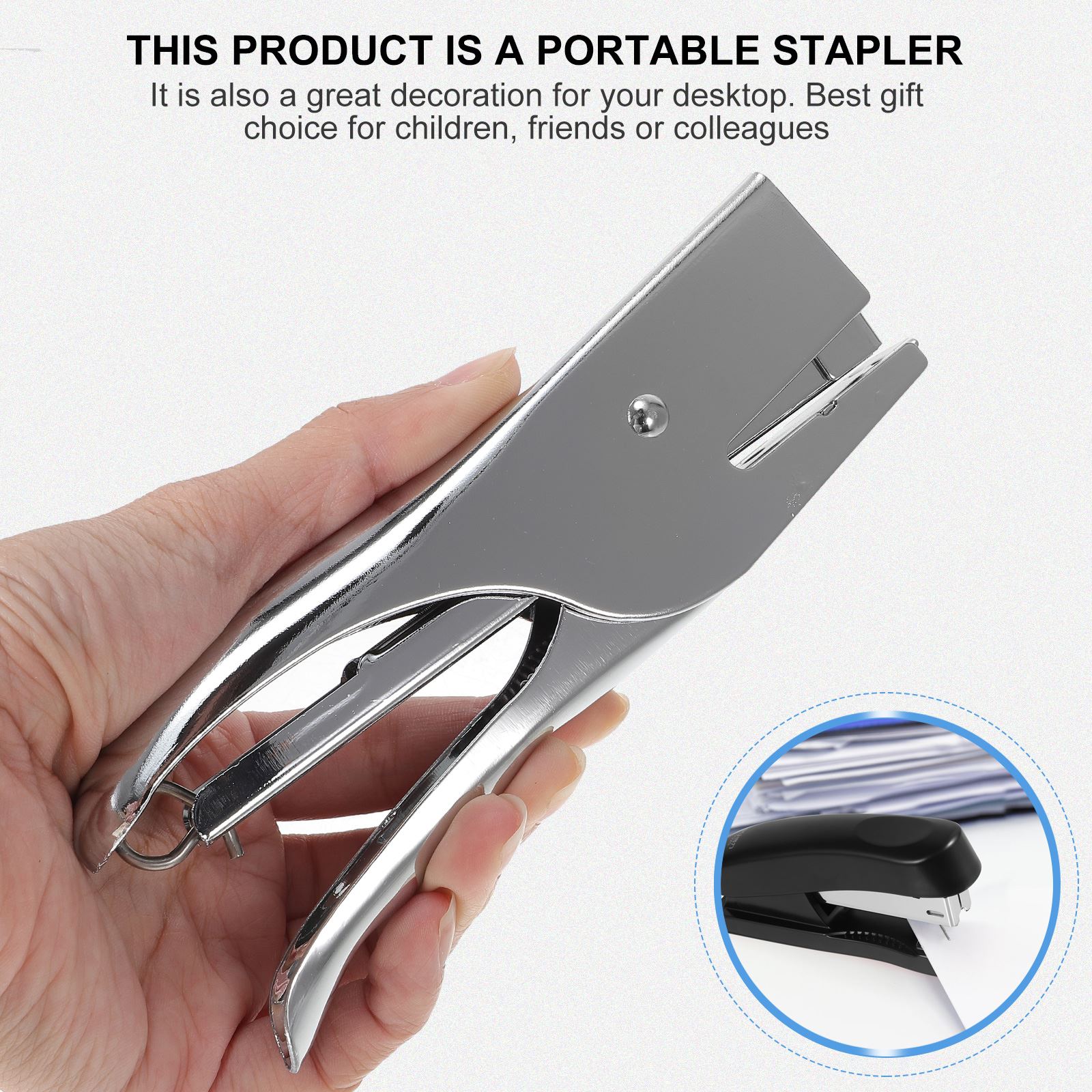 1pc 20 Blatt Nagler No-Jam Handgriff Metall hefter Hochleistungs-Desktop-Hefter ohne Nähnadel (Silber)