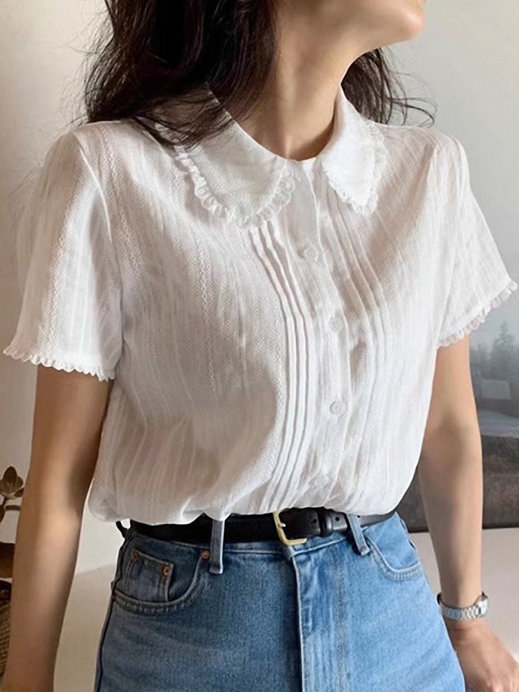 Csa de Manga Curta com Design de Renda Estilo Coreano Sensacional para Jovens Tecido Leve Moda para o Dia a Dia Corte Reto