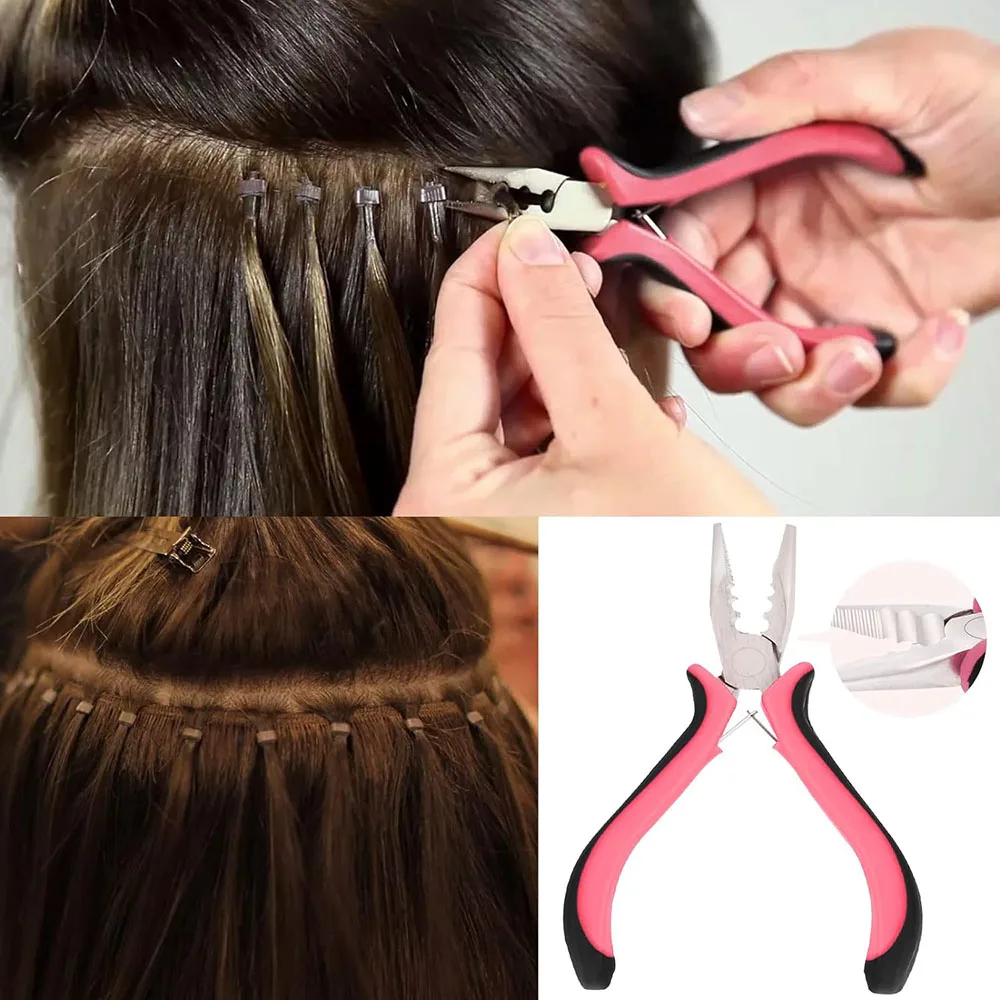 Mini alicates para extensiones de cabello con 3 agujeros, abridor y herramienta de extracción de extensiones de cabello con microanillo Nano, alicates de punta recta rosa