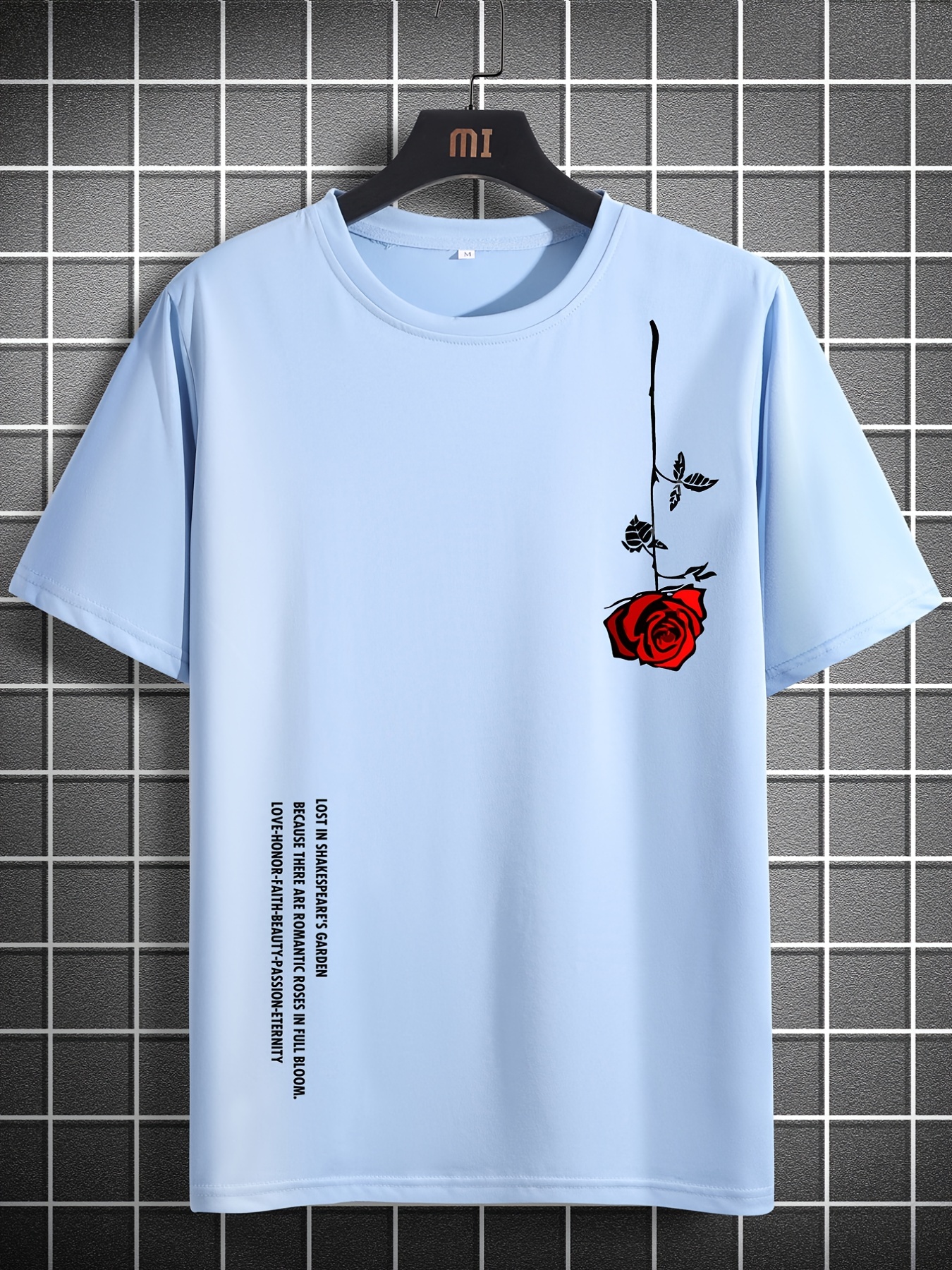 T-shirt manches courtes col rond homme, ample, 100% coton, imprimé Rose, décontracté, coupe cintrée, été