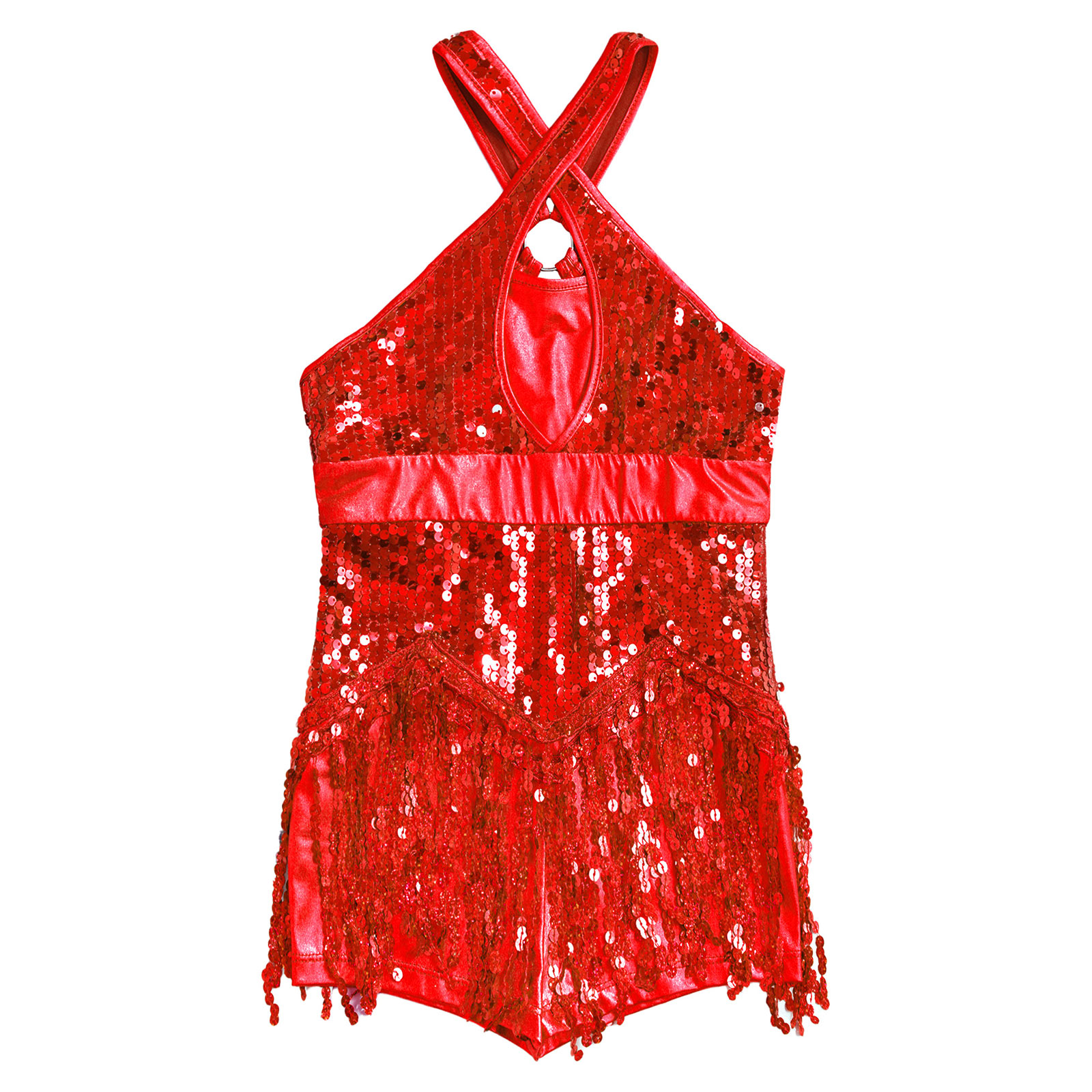 Kids Girls Cha-Cha Latin Dance Fringed Bodysuit Sparkly Sequins Tassel Leotard Performance Costume Tango Dancing Jazz Dancewear