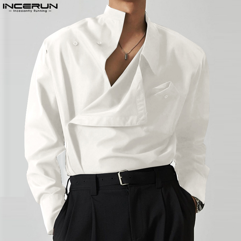 INCERUN 2023 メンズ不規則なシャツ無地スタンドカラー長袖カジュアル男性服ストリートファッション男性シャツ S-5XL