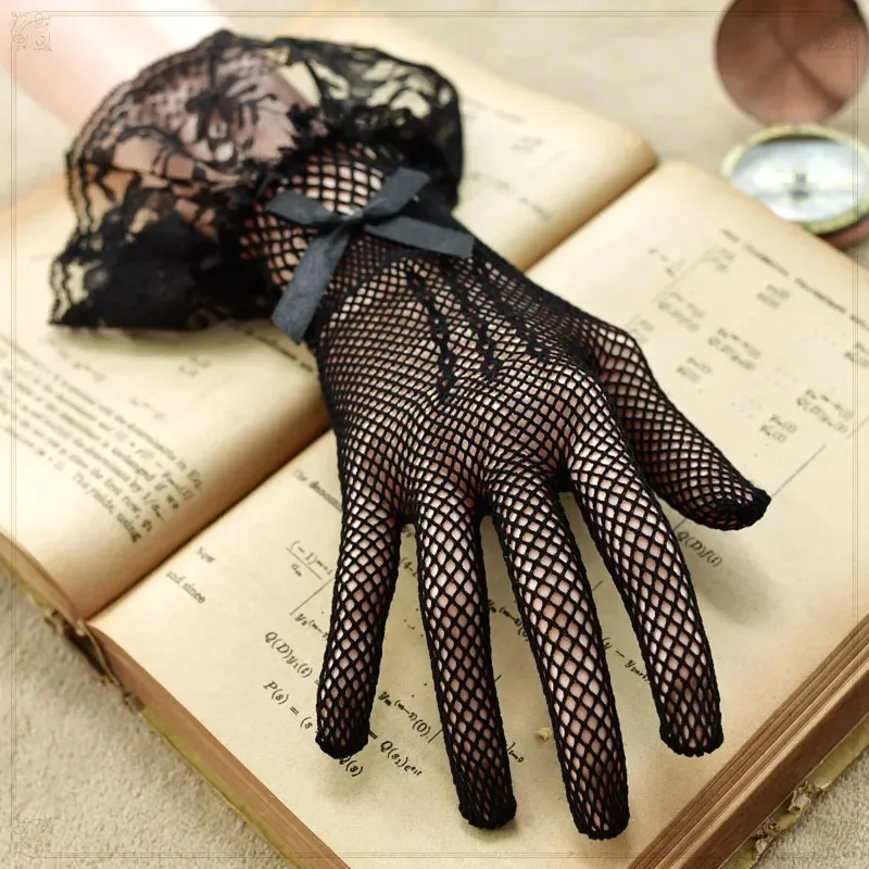 Meninas lolita rendas oco para fora luvas feminino cerimônia etiqueta malha luvas finas gótico punk sexy luva preto branco macio elástico