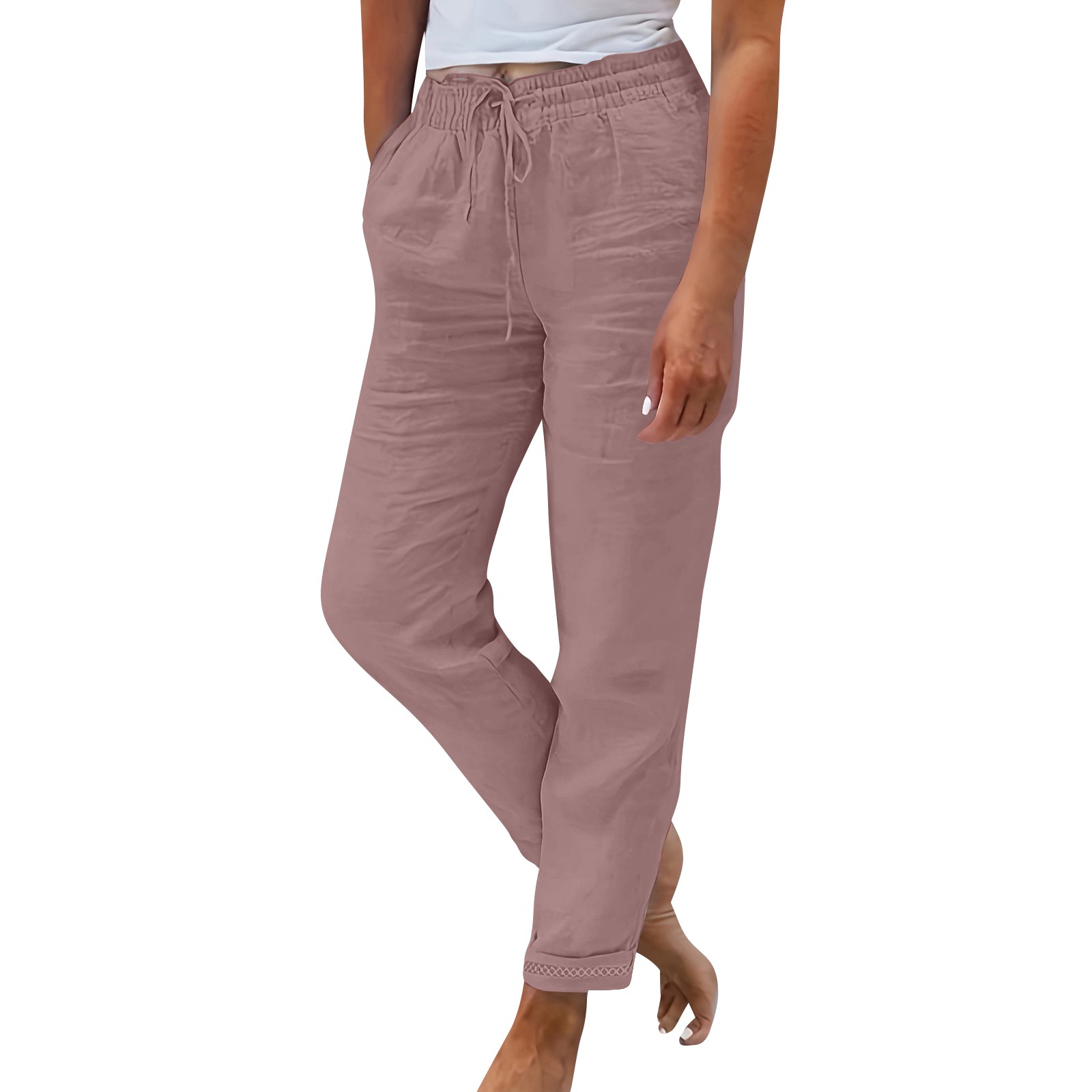 Calça feminina verão cintura elástica cor sólida algodão e linho perna larga solta calças de nove pontos para mulheres calças femininas