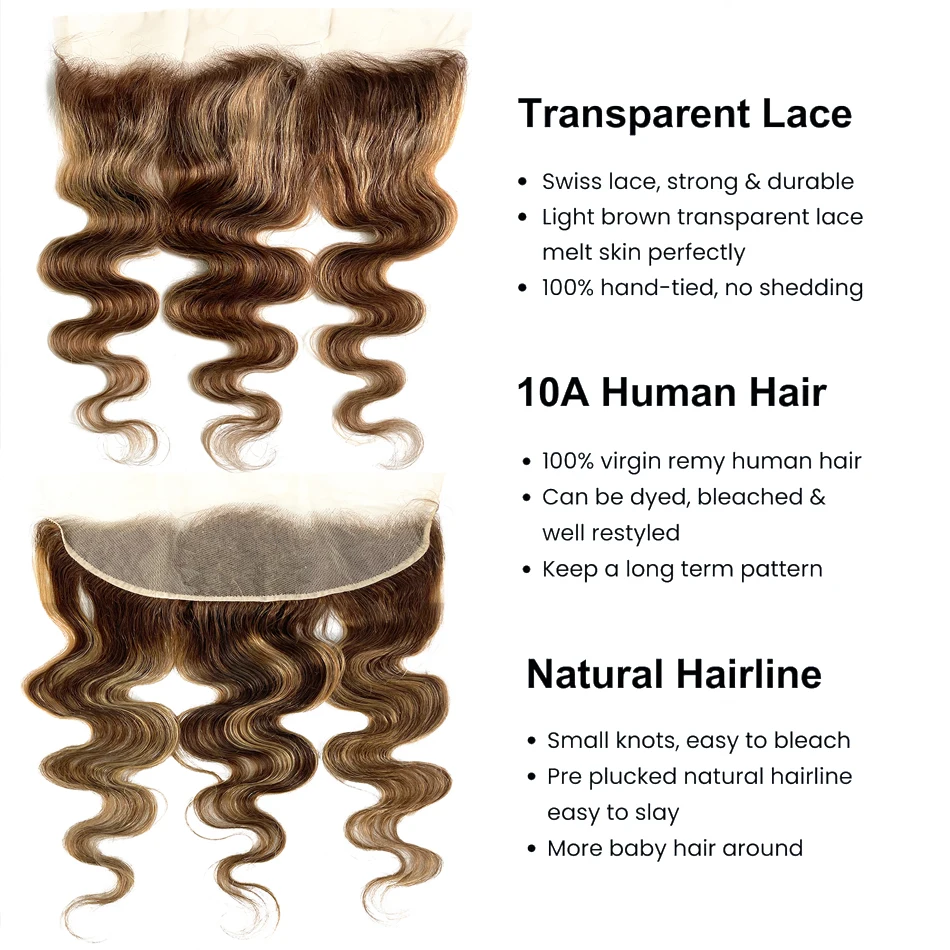 Destaque pacotes de onda do corpo com frontal mel loira p4/27 pacotes de cabelo onda do corpo extensões de cabelo humano com 13x4 laço frontal