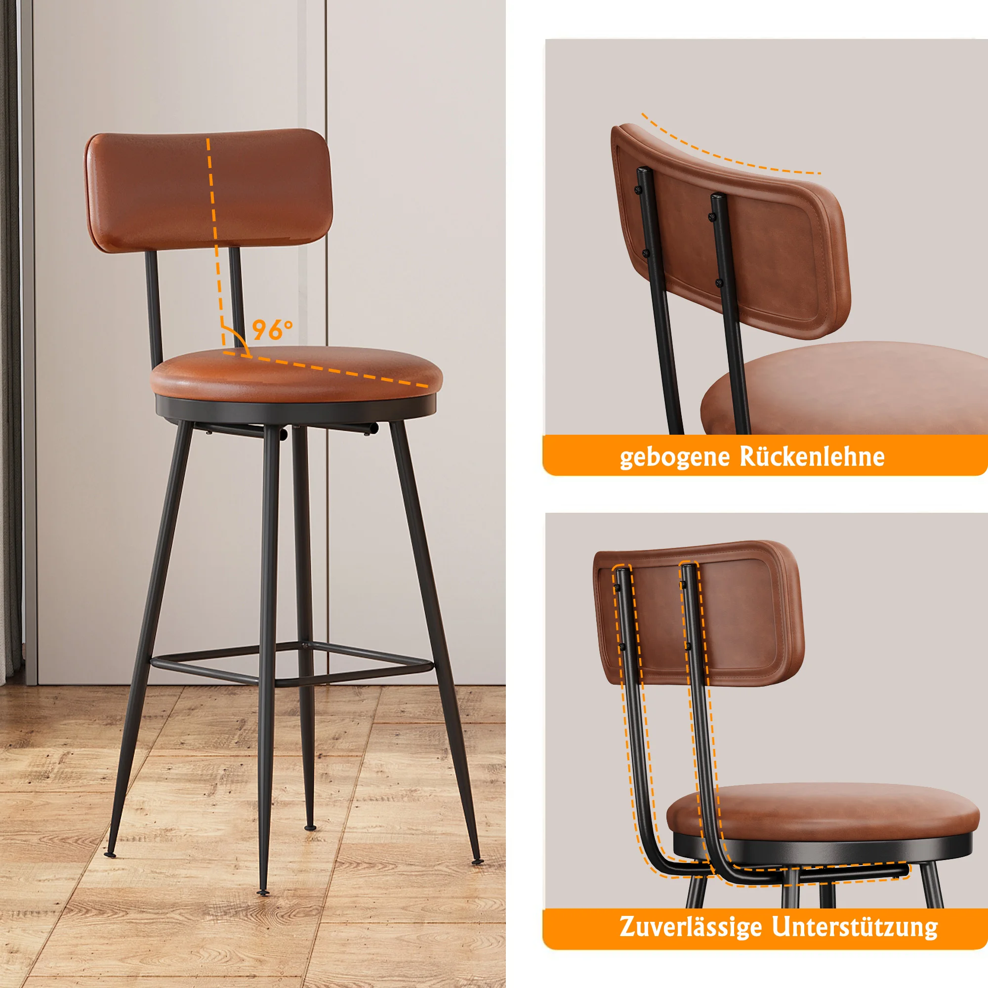 Cadeiras de bar Lazyspace com pernas de metal, conjunto de 4, cadeiras para casa com assento acolchoado e encosto em couro PU, bancos de bar, 86,5 cm de altura