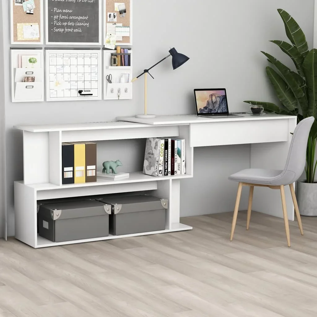 Bureau d'angle blanc 200x50x76 cm, Table d'étude nordique agglomérée, Pc Gamer, bureau d'ordinateur, mobilier de bureau à domicile