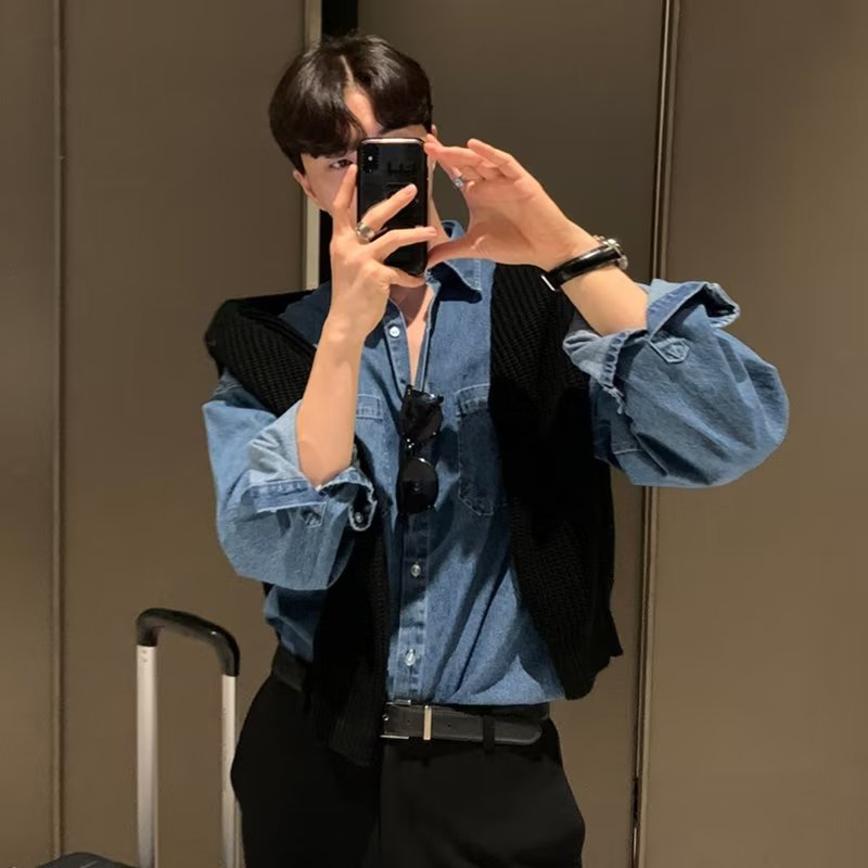 American Retro Denim irt Jaet Men's Lightweight Loose Long Sve High-End Multi-ket Workwear irt Summer Faion