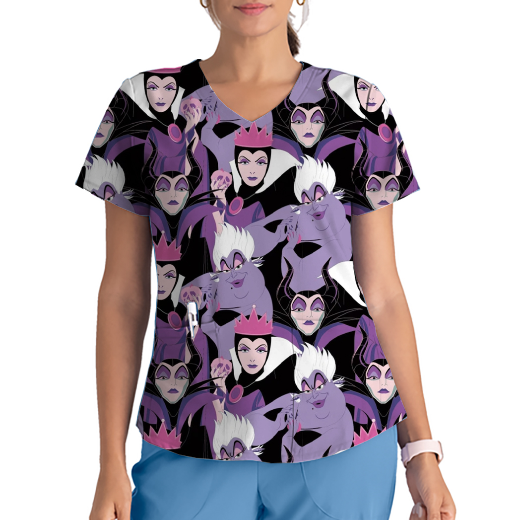 Uniforme de enfermera delgado de Maléfica de Disney, Top mate estampado con cuello en V, uniforme de enfermera veterinaria femenina, monos veterinarios para el cuidado de mascotas