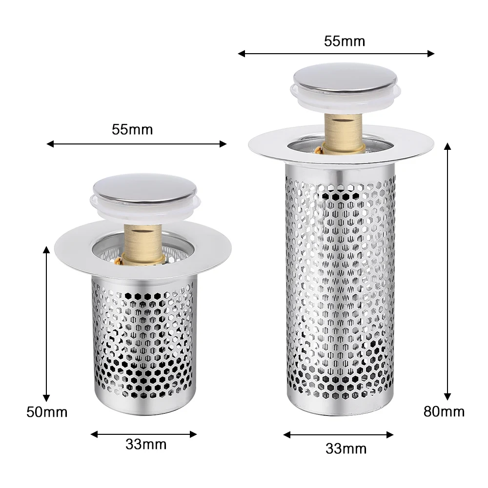 Filtro de drenaje de suelo de acero inoxidable, tapón de lavabo con núcleo de rebote emergente, tapón de lavabo, colector de pelo antiobstrucción, colador de fregadero de ducha