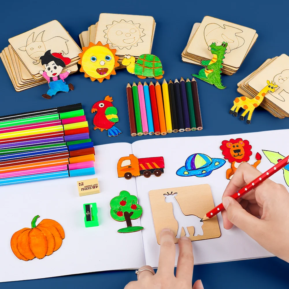 어린이 그리기 장난감 몬테소리 DIY 그림 스텐실 템플릿 나무 공예 퍼즐 소년을위한 교육 장난감 소녀 생일 선물