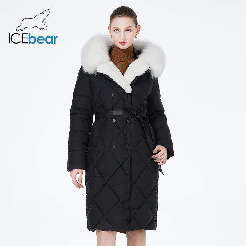 ICEbear-Langer Luxusmantel mit Fellkapuze für Damen, winddichte gesteppte Parkas, Damengürtel, warmer Mantel, 2023, GWD3925I