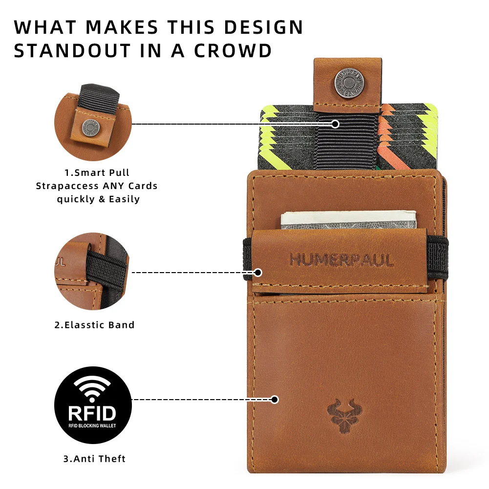 HUMERPAUL-cartera delgada con tarjetero RFID para hombre, monedero ultrafino de cuero genuino, bolsas portátiles para billetes de identificación de negocios