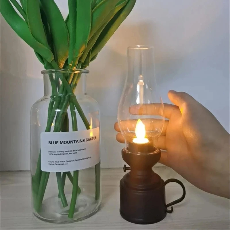Retro Flameless เทียนเทียนน้ำมันก๊าดโคมไฟเทียนไขกับปุ่มแบตเตอรี่แสงข้างเตียงเครื่องประดับ Photo Prop