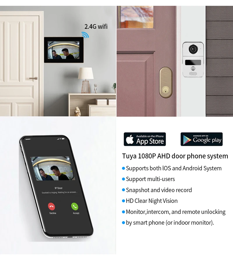 Tuya Smart Wifi Video Doorbel Huis Intercom Telefoon 1080P Rfid Draadloze Deur Viewer Camera Intercom 7 Inch Scherm Motion Record