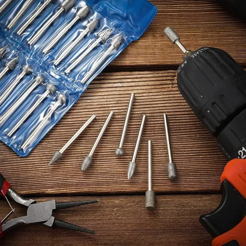 20 piezas cabezales de molienda de diamante de 3mm, Mini broca para herramienta de taladro rotativo, accesorios de molienda de rebabas, Kit de herramientas de vástago, herramienta abrasiva