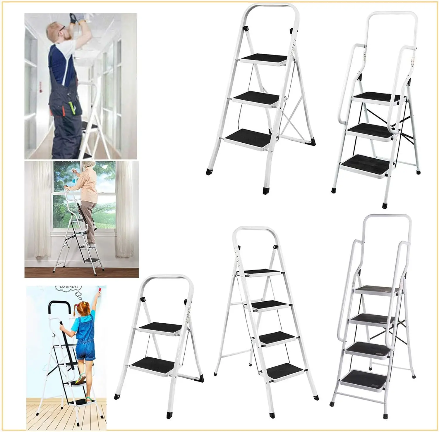 Tritthocker, 1-2-3-4 Stufen, leichte Trittleiter mit Handlauf, Klappleiter mit rutschfester Plattform, maximale Belastung 150 kg