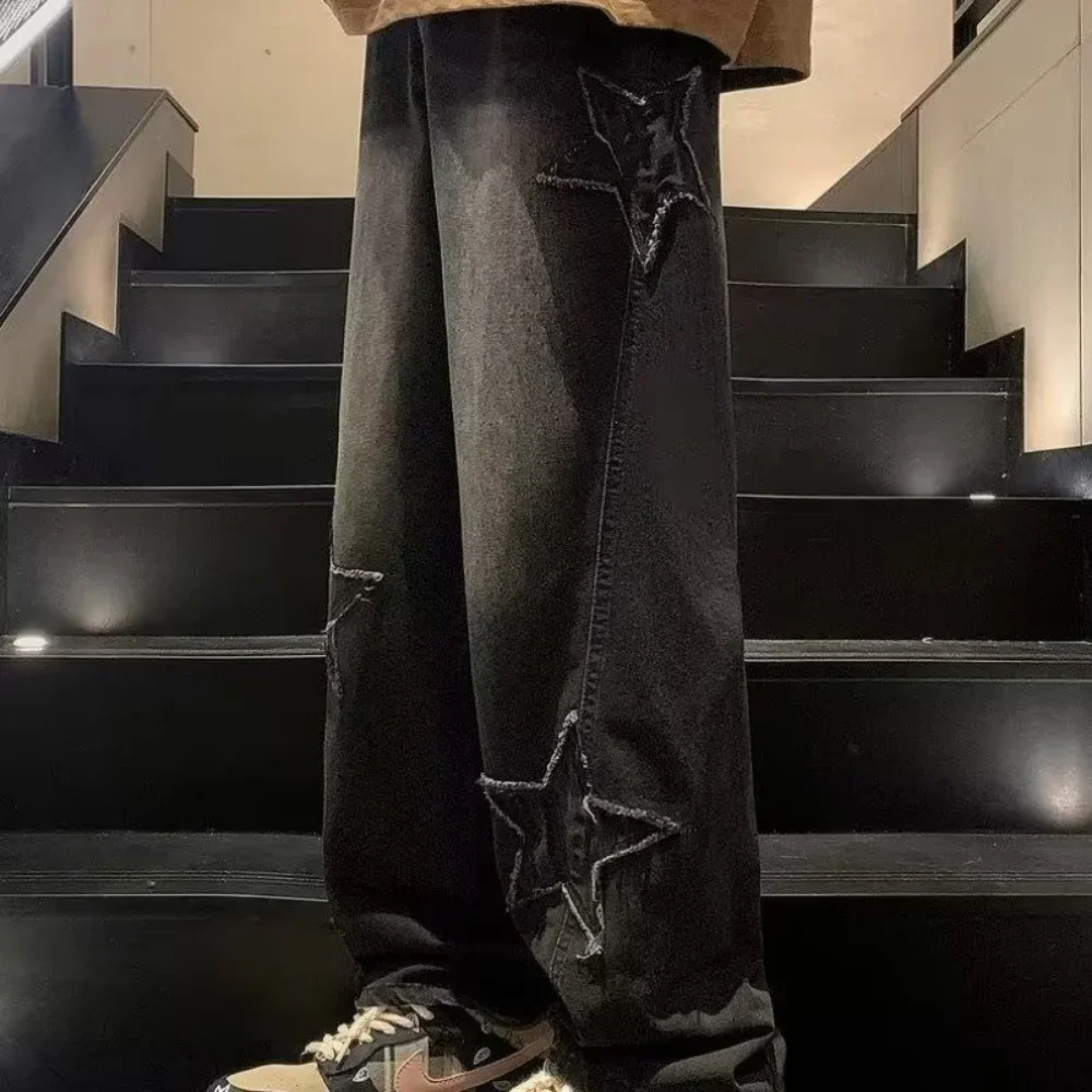 Pantalones vaqueros rectos informales con bordado de estrellas para hombre, estilo gótico neutro, pierna ancha, ropa informal estilo Hip-hop, pantalones vaqueros Y2K para hombre