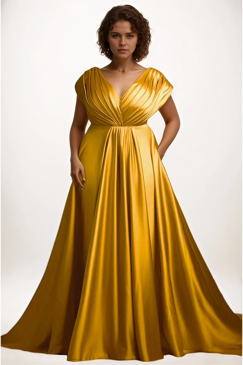 Formales Maxikleid aus Satin in Übergröße mit goldenem V-Ausschnitt und kurzen Ärmeln und Taschen für Damen, elegantes Cocktail-Abendkleid für Hochzeitsgäste