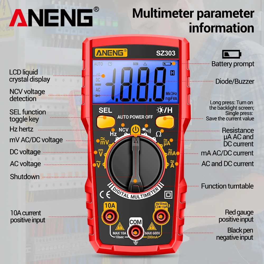 ANENG SZ303 Smart Digital Multimeter 1999 Count Professional AC/DC Voltage Current Electrical Data Retention High Precision Tool