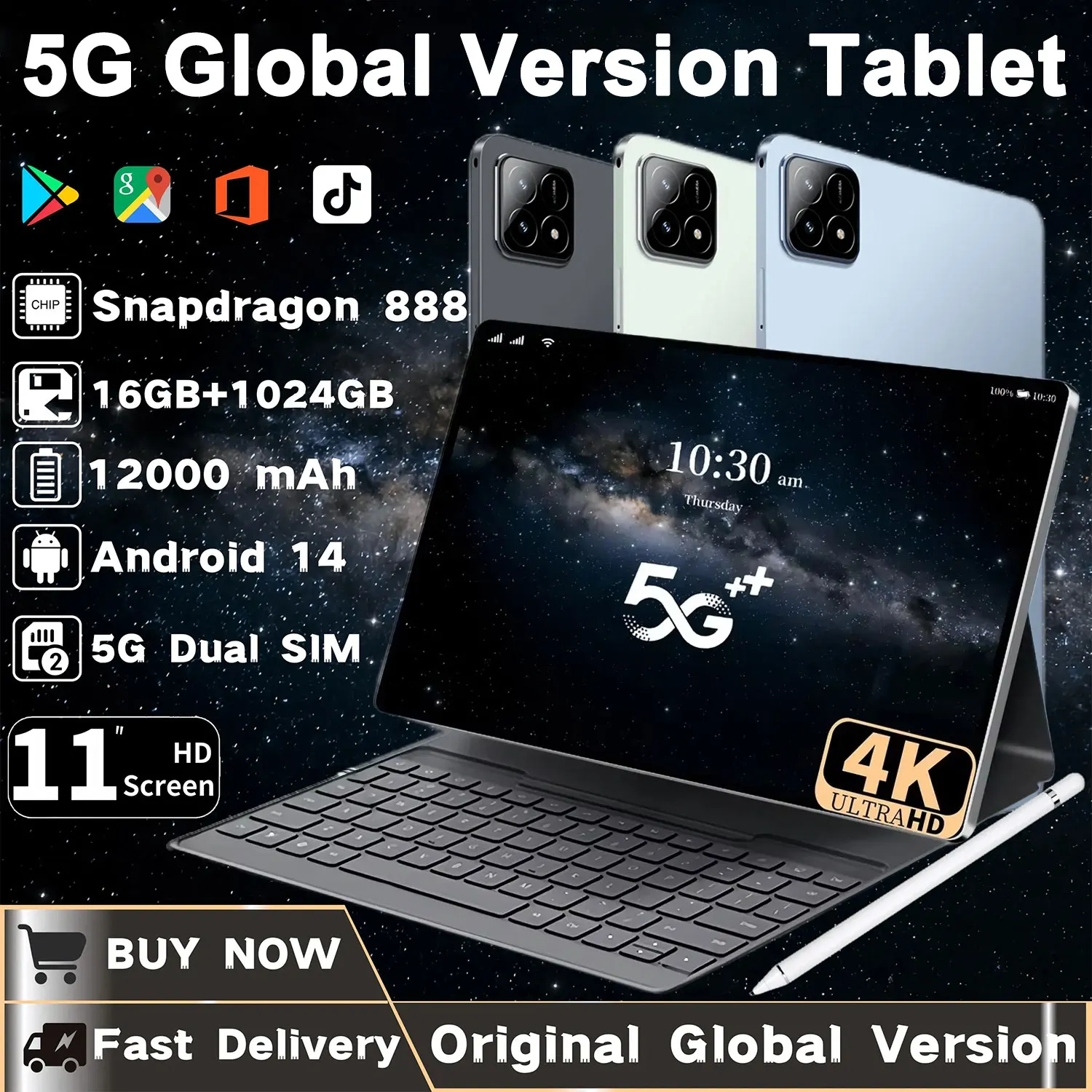 Tableta 2025 Original con Android 14, Snapdragon 888, de 11 pulgadas, HD, 16GB + 1TB, 12000mAh, 5G, SIM Dual, Bluetooth, WiFi, GPS
