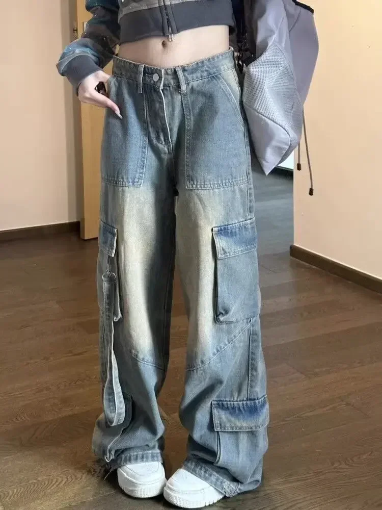 Weibliche Jeans, gespleißte Taschen, Cargohose, gewaschener Denim, hohe Taille, volle Länge, lockere, solide Basics, Patchwork, Distressed