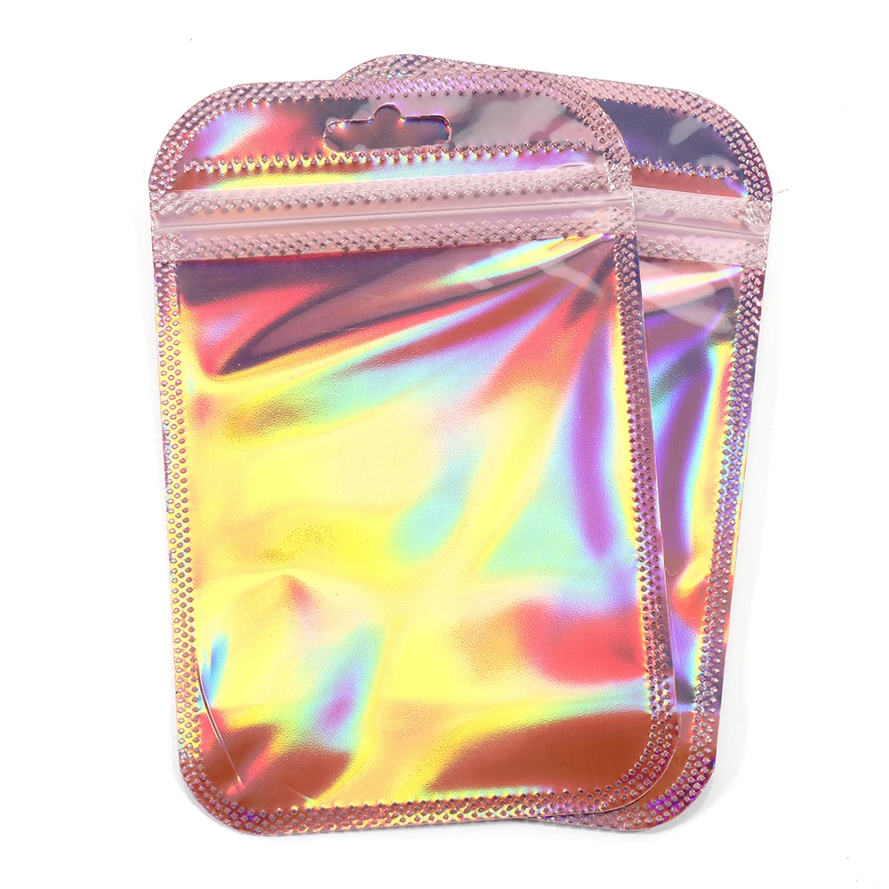50 teile/los Rosa Laser Druckverschlussbeutel Wiederverwendbare Kunststoff Transparente Beutel für Schmuck Verpackung Kosmetische Einzelhandel Display Taschen