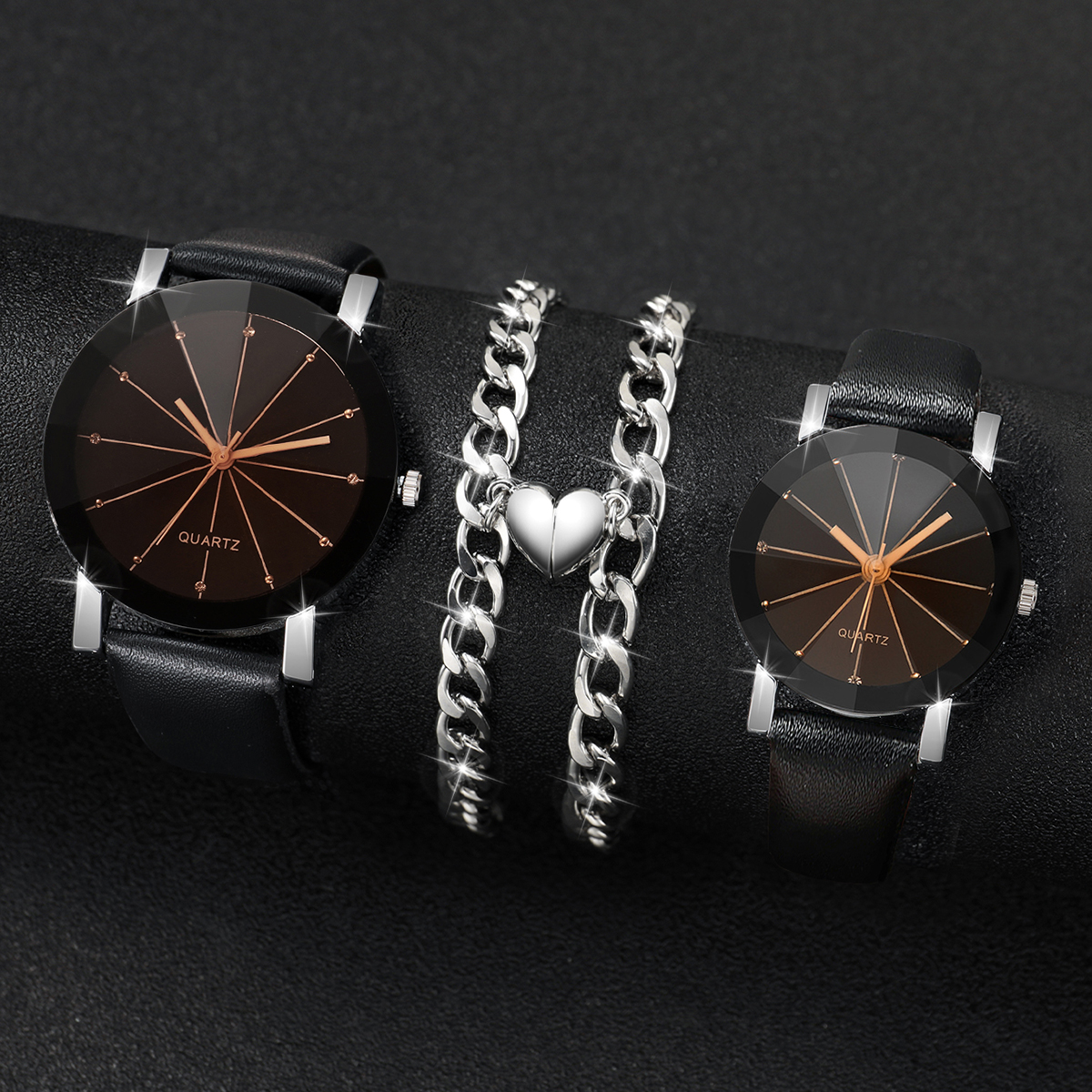 4 unids/set relojes de pareja moda Rhinestone hombres mujeres banda de cuero reloj de cuarzo imán corazón pulseras conjunto