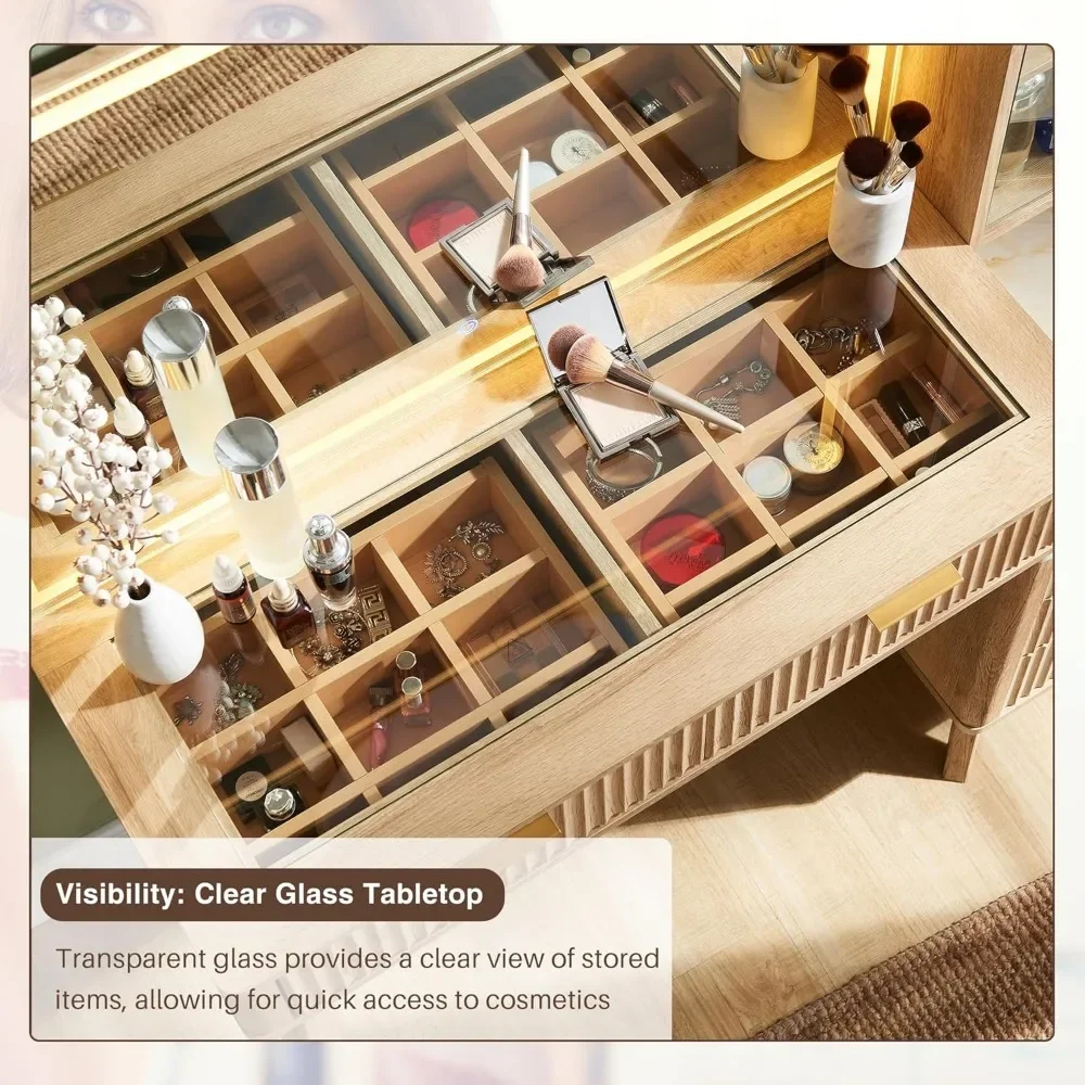 48" Fluted Makeup Vanity Desk Large 36" Mirror and Lights, Glass Top Big Vanity Table 5 Drawers & Adjustable Shelves