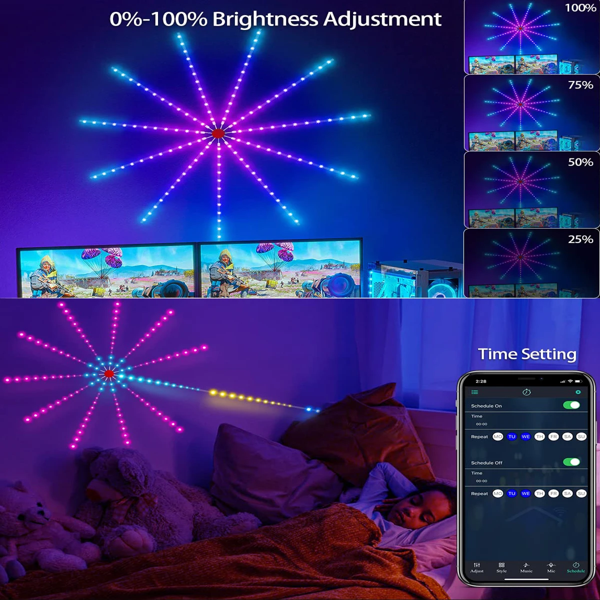 Paski fajerwerków LED RGBIC Zdalnie sterowane świąteczne nastrojowe światło Bluetooth APP Synchronizacja muzyki Ściana telewizora Dekoracja sypialni