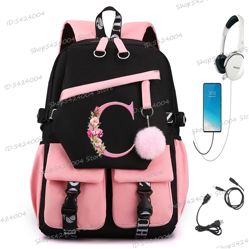 Mochilas escolares con 26 iniciales de flores para chicas adolescentes, alfabeto de flores rosas, bonito regalo para estudiantes, mochila de viaje con letras A B C D