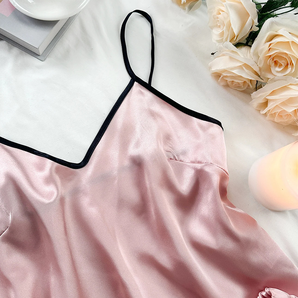 Pijama feminino de cetim liso, camiseta com decote em v, bordas com babados e shorts com laço, conjunto de pijama simples e respirável, roupas para casa