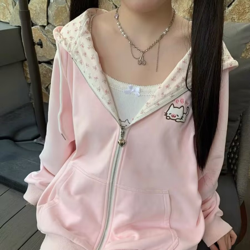 Harajuku coreano kawaii casaco com capuz feminino fino manga longa com zíper cardigan y2k streetwear novas jaquetas soltas de comprimento médio