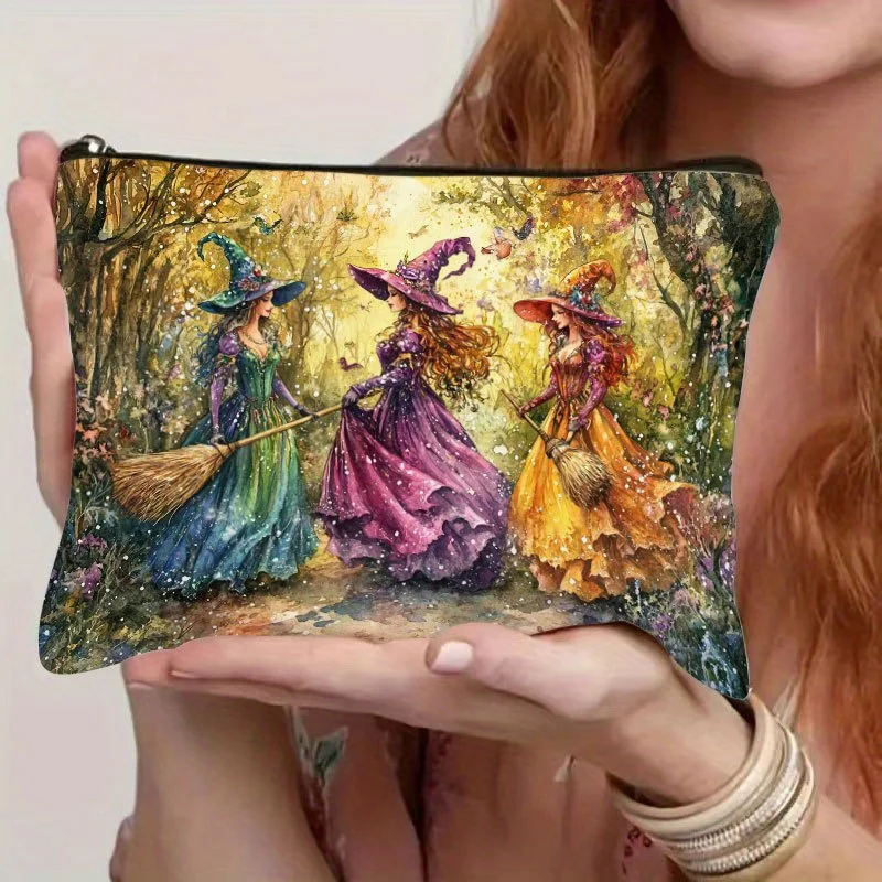 Bolsa de maquillaje de resina de bruja Retro con diseño de bosque otoñal vibrante, cierre de cremallera seguro, bolsa de viaje multifuncional