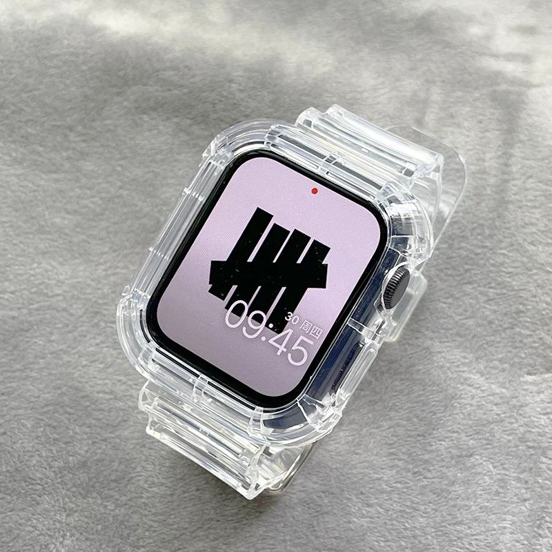 For Apple Watch Band 44mm 40mm 45mm 46mm 42mm 38mm 41mm Transparent Silicone Bracelet iWatch series 10 9 8 7 6 3 se Case+Straps
