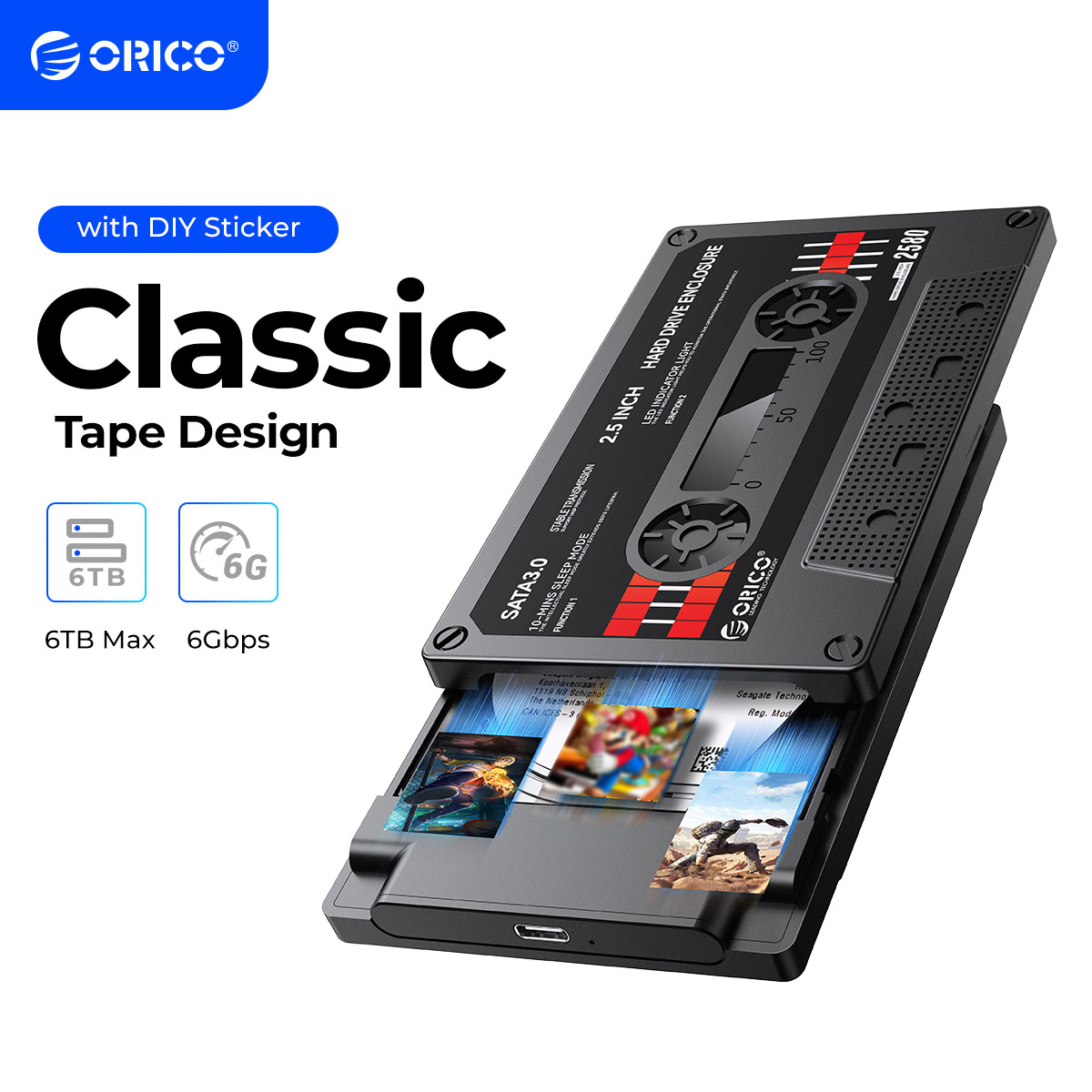 ORICO-carcasa de disco duro externo SATA a USB3.0 de 2,5 pulgadas, carcasa de disco duro tipo C de 5Gbps/6Gbps con pegatina DIY