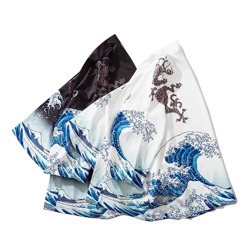 สีดํากิโมโนเสื้อสเวตเตอร์ถักผู้หญิงผู้ชายญี่ปุ่น Obi ชาย Yukata ผู้ชายเสื้อคลุมฮาโอริญี่ปุ่น Wave ปลาคาร์พพิมพ์เสื้อแบบดั้งเดิมญี่ปุ่นเสื้อผ้า