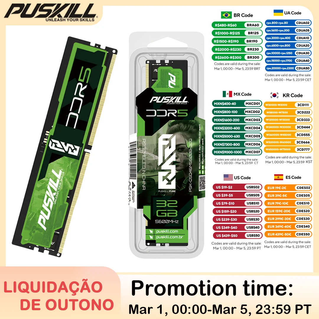 PUSKILL SICHERUNG DDR5 Memoria RAM 32 GB 16 GB 8 GB 1,1 V 4800 MHz 5600 MHz PC5 288-PIN Desktop UDIMM Speakon Speicher